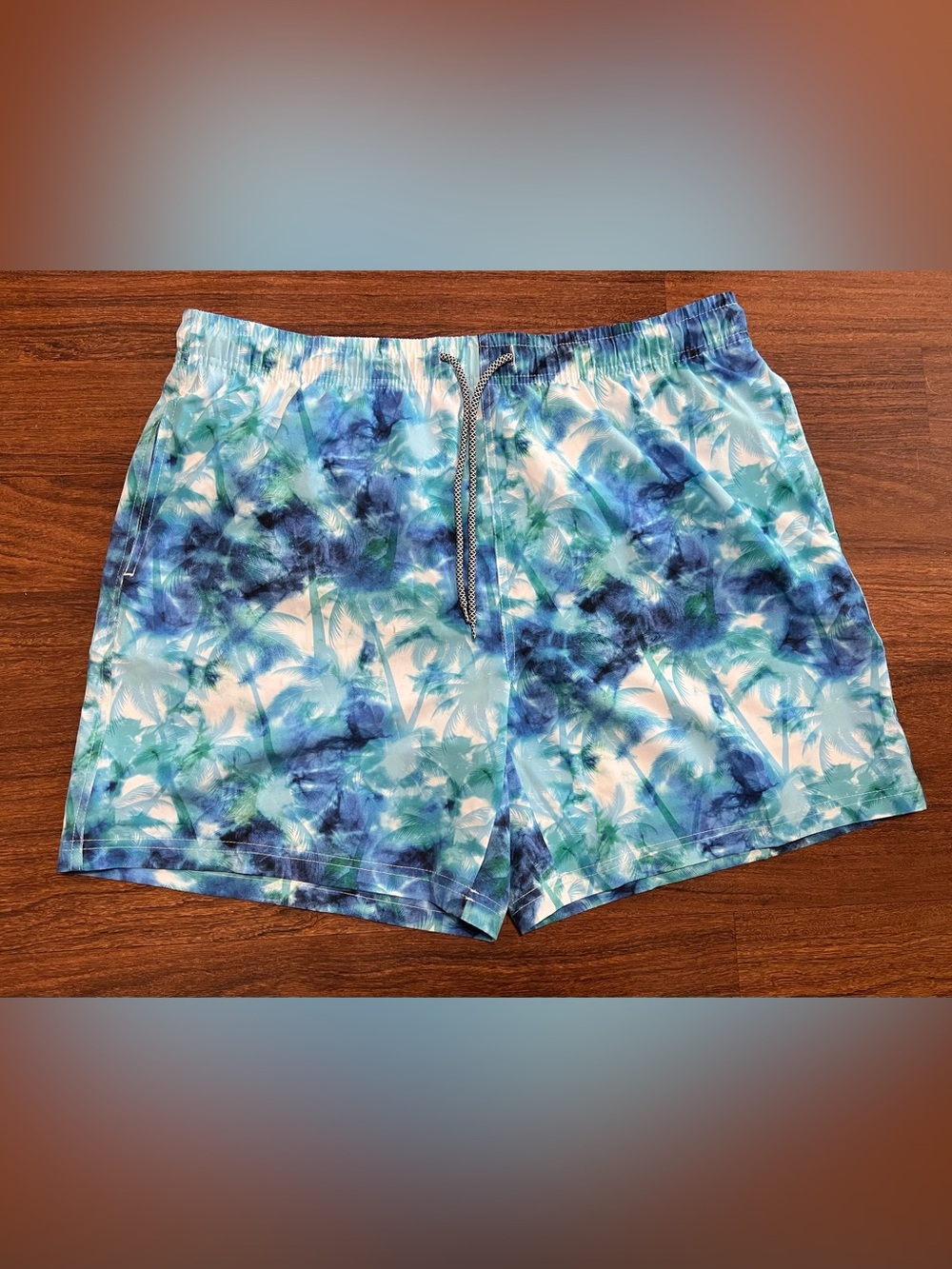 Biwisy Men’s Swim Trunks Quick Dry Shorts Mesh Lining Blue & Teal Palm Trees
